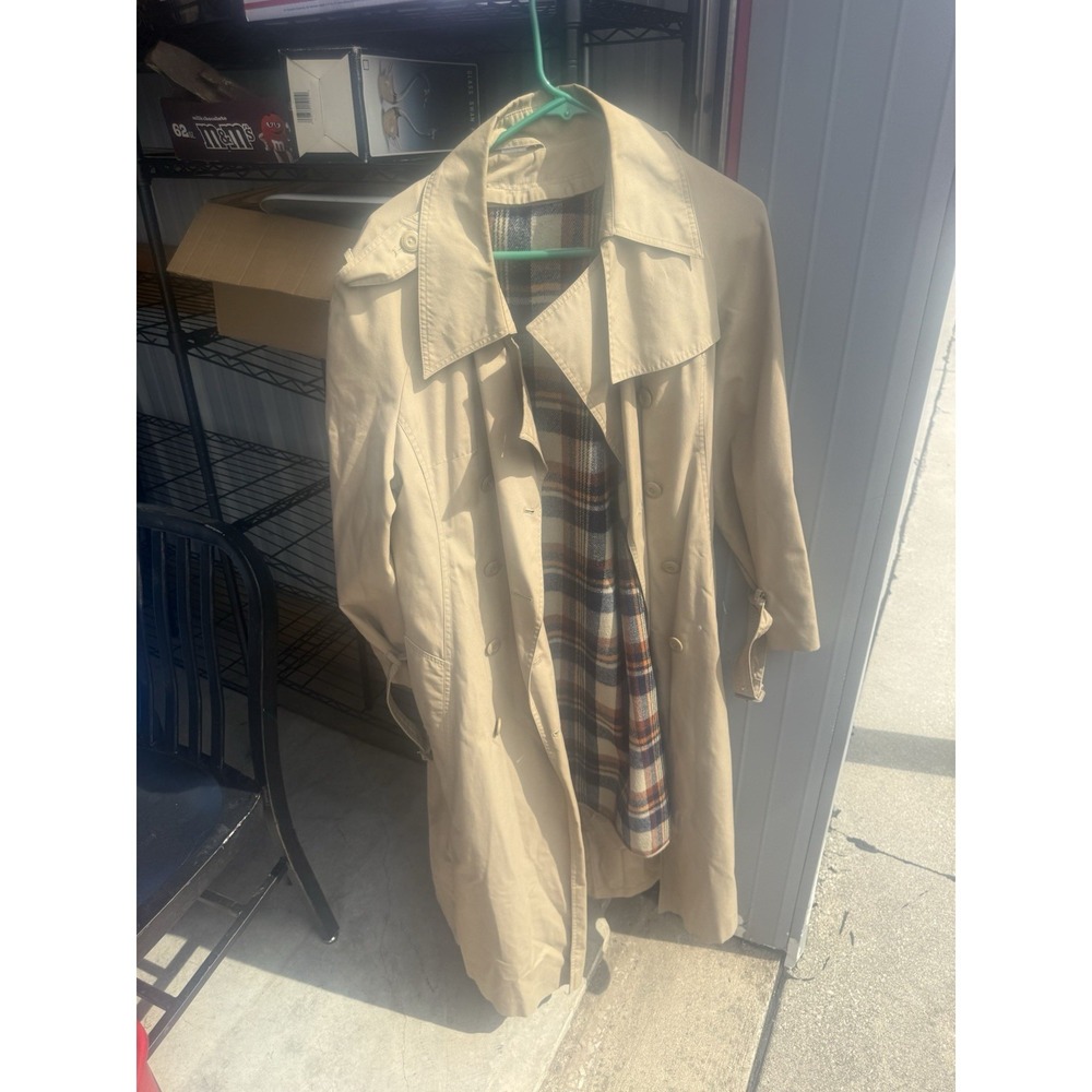Vintage Ariston Trench Coat Womens 16 Tan Plaid Lined Belted Korea Raincoat‎